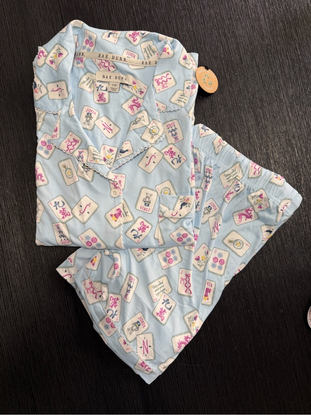 Rae Dunn Women’s Light Blue Mahjong Print Pajama Set - shirts and short sleeves